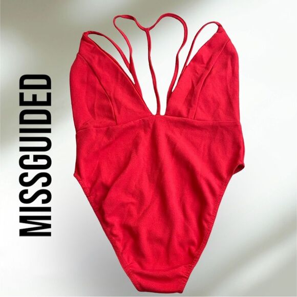 Missguided‎ Red Plunge Bodysuit Strappy Size 2 Snap Bottom - Picture 1 of 8